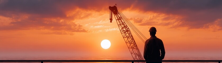 Sunset Over Construction Site with Crane Silhouette