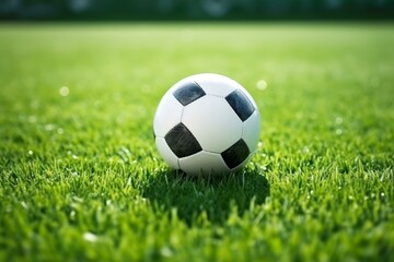 Fototapeta premium Classic soccer ball sits on a vibrant green playing field, awaiting the start of a match