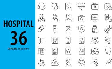 Hospital Line Icons, Building, Patient Bed, Emergency, Medical File, IV Drip, Nurse, Reception Desk, and More , Editable Formats: AI, EPS, JPG, PNG , Ideal for Both Digital and Print Use

