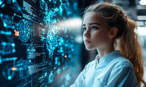 Young girl focused on futuristic digital interface with blue glowing technical data and holographic AI education elements in modern learning environment