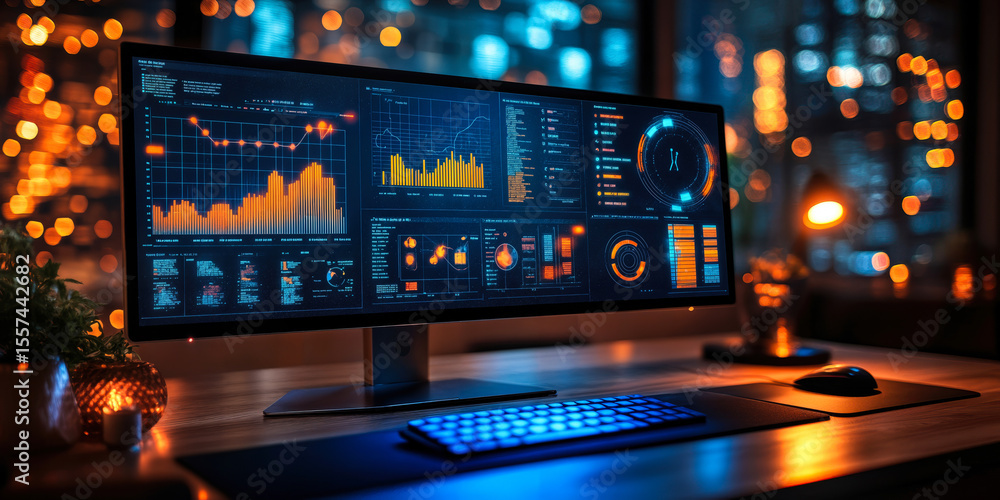 Aufkleber wide computer monitor displaying complex financial and data analytics charts with glowing keyboard i