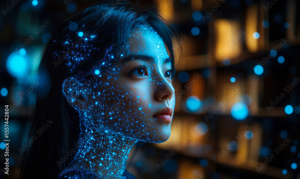Poster futuristic digital female face hologram with glowing blue network nodes and data visualization overl