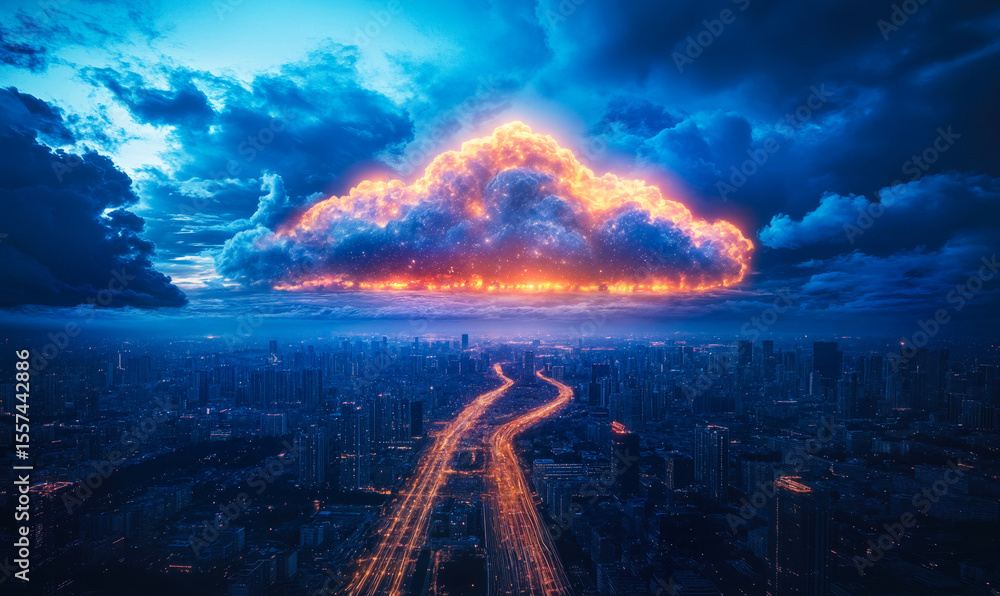 Poster glowing fiery cloud over cityscape with illuminated roads representing cloud computing network and d