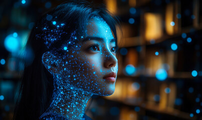 Futuristic digital female face hologram with glowing blue network nodes and data visualization overlay in dark technology background