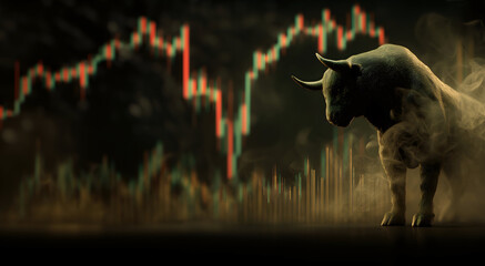 Stock market bull trading up, bullish. Symbolizing rising stock market, uptrend. Abstract, modern concept of wall street business, bull market trader, crypto currency trading.