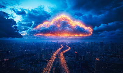 Glowing Fiery Cloud Over Cityscape with Illuminated Roads Representing Cloud Computing Network and Data Flow Concept at Night