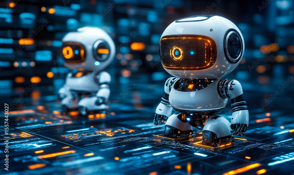 Poster futuristic small robots with glowing orange and blue lights on digital circuit board background tech