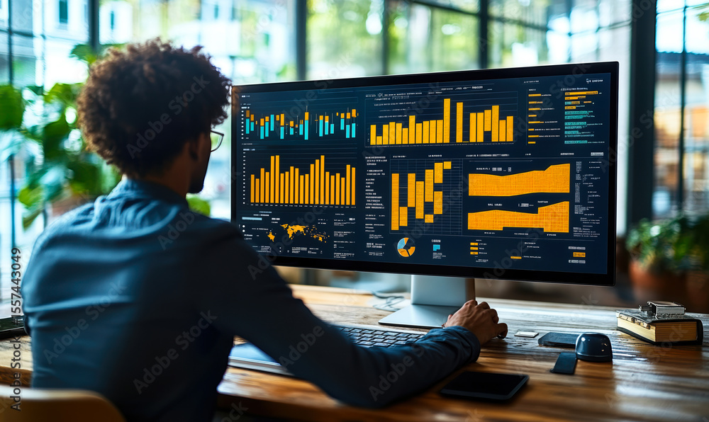 Poster man analyzing business analytics dashboard with colorful data charts and graphs on large desktop mon