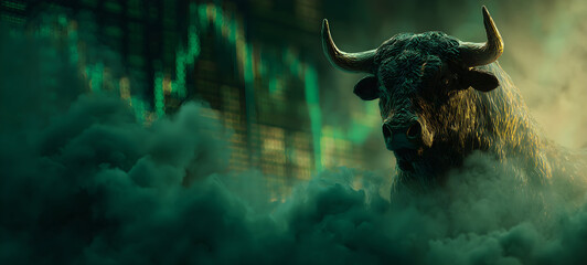 Stock market bull trading up, bullish. Symbolizing rising stock market, uptrend. Green colored. Abstract, modern concept of wall street business, bull market trader, crypto currency trading.