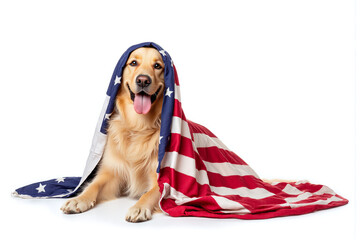 dog wrapped in an American flag on a white background