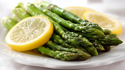 Bright Green Asparagus with Lemon Slices on White Plate