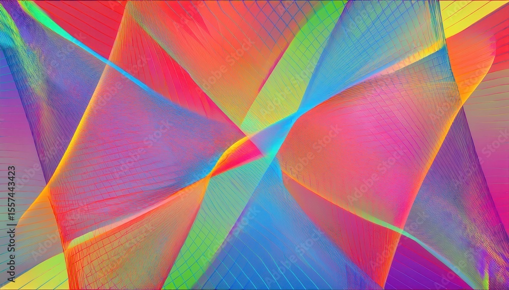 Poster vibrant abstract geometric design with rainbow colored swirling lines and dynamic motion patterns id