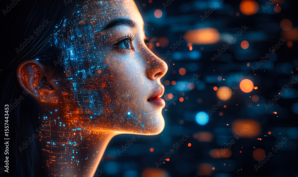 Poster futuristic woman face with digital data grid and glowing blue and orange technology particles on dar
