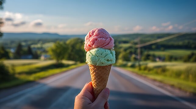 Hand holding a double scoop ice cream cone against a scenic blurred landscape