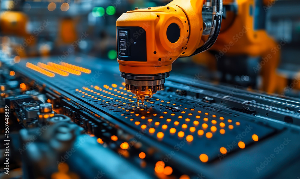 Aufkleber orange industrial robotic arm performing precise automated manufacturing on electronic circuit board