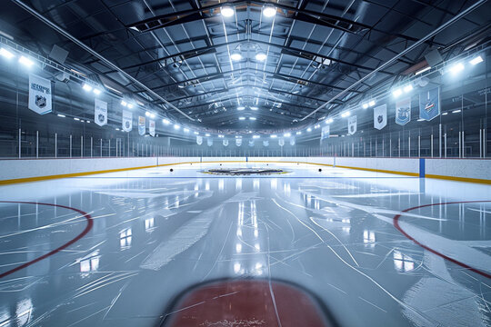A modern ice hockey rink with freshly resurfaced ice, bright overhead lights, and team logos at center ice.