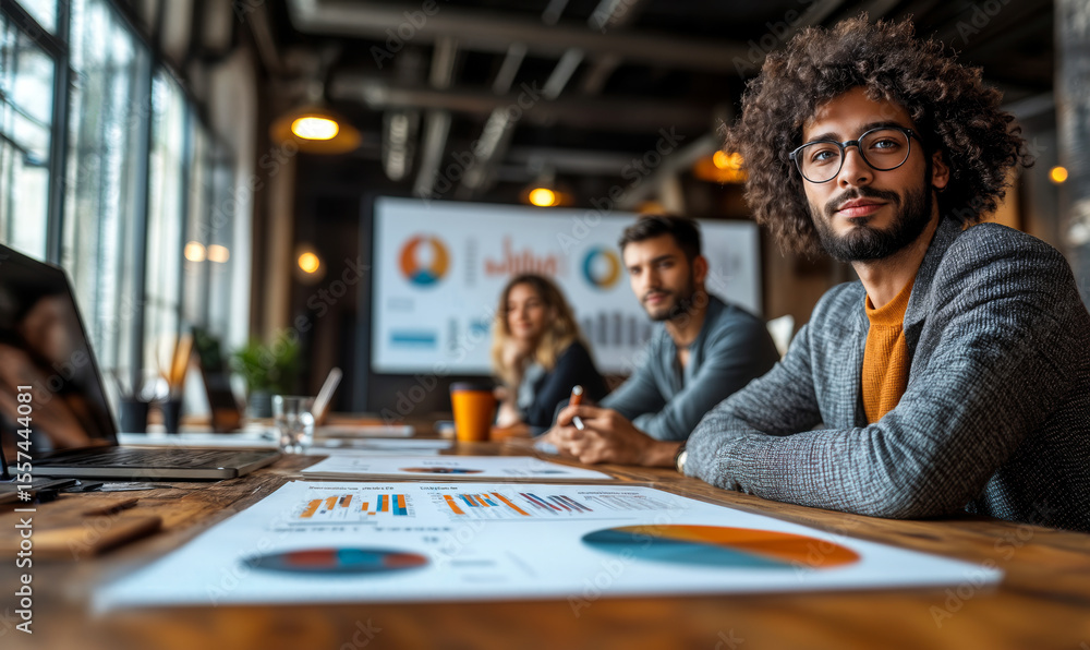 Poster diverse business team analyzing data charts and graphs during strategic meeting in modern office wit