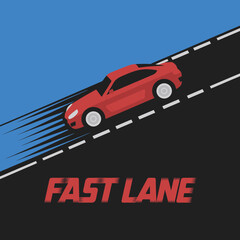 Obraz premium Red sports car speeding down a highway lane with motion blur effect and the words fast lane displayed prominently below