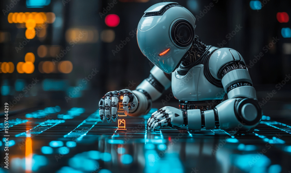 Poster futuristic robot analyzing digital data on illuminated transparent interface with holographic icons 