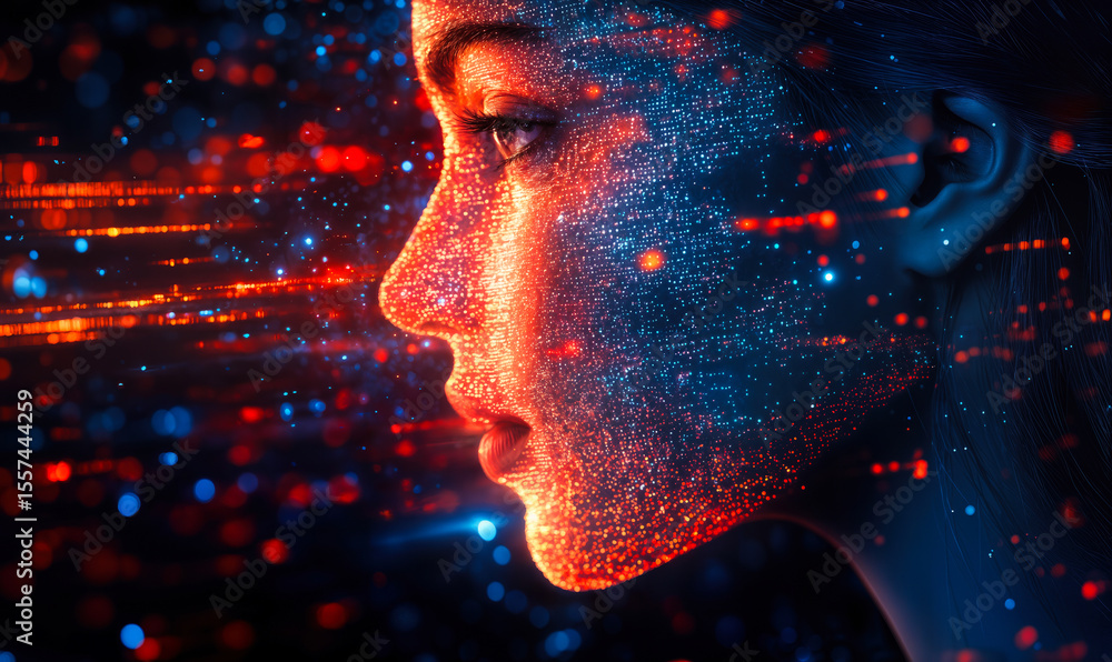 Aufkleber profile of woman with digital glowing particles and futuristic data visualization in blue and orange