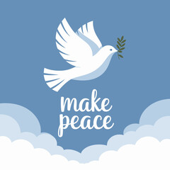 A white dove with an olive branch in its beak flies through a blue sky with clouds symbolizing peace and hope with the words make peace