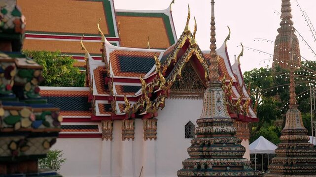 Wat pho temple in bangkok, thailand, displays details and vibrant colors of traditional thai architecture. Popular Landmark, Travel concept