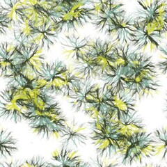 Dandelions. Hand drawn floral motive on white background. Greyish teal, riffle green and pear yellow colors. Seamless pattern