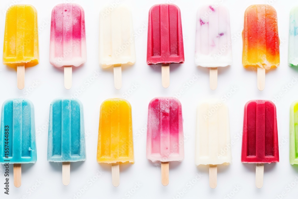 Poster refreshing and vibrant ice cream popsicles arranged neatly on a white backdrop, offering a cool trea