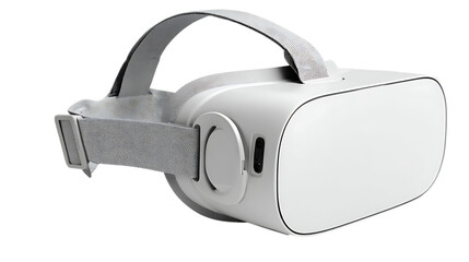 A white virtual reality headset with gray straps on a black background on transparent background