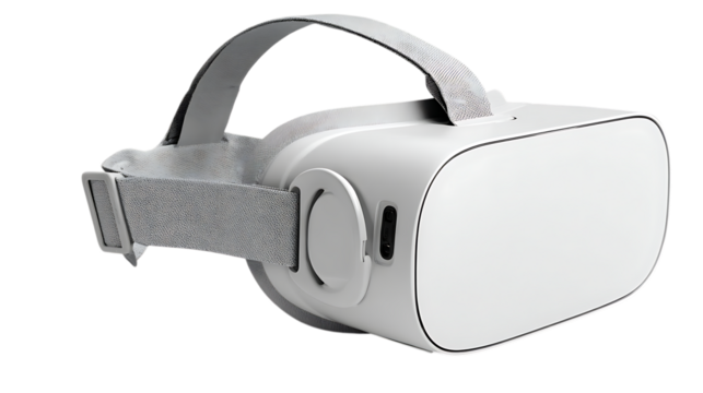A white virtual reality headset with gray straps on a black background on transparent background - Powered by Adobe