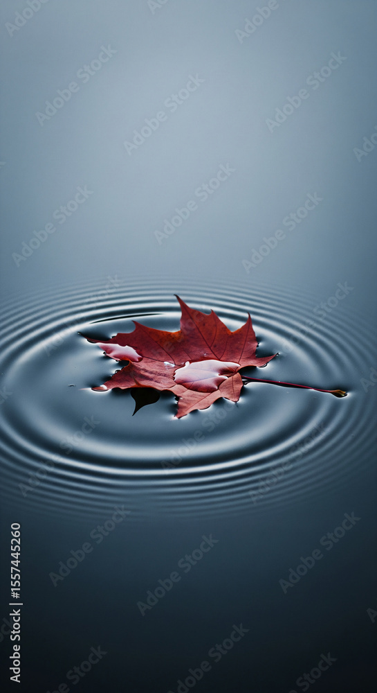 Poster red maple leaf floats on calm water, creating concentric ripples. image evokes tranquility, peace, a