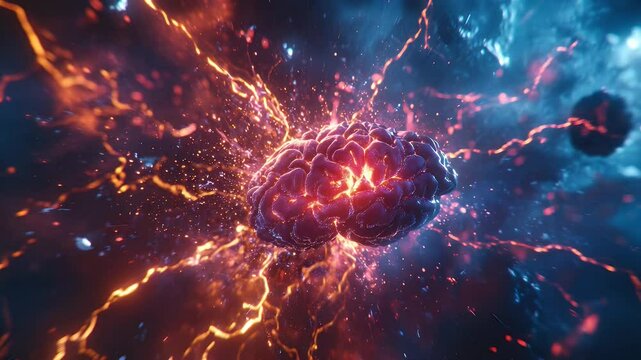 Exploding brain graphic with vibrant sparks