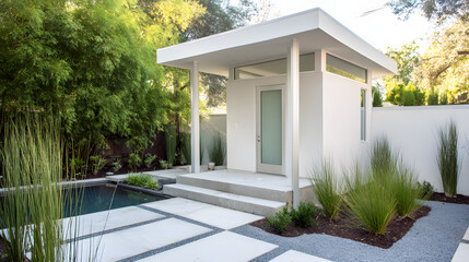 Modern mechanical unit by a pool house, clean design with simple garden backdrop, embodying minimalist outdoor functionality.
