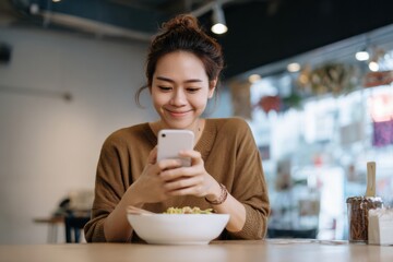 Young woman with joyful expression is sitting table cozy cafe, looking her smartphone. She is wearing brown sweater and has bowl of food front of her, creating warm and inviting atmosphere