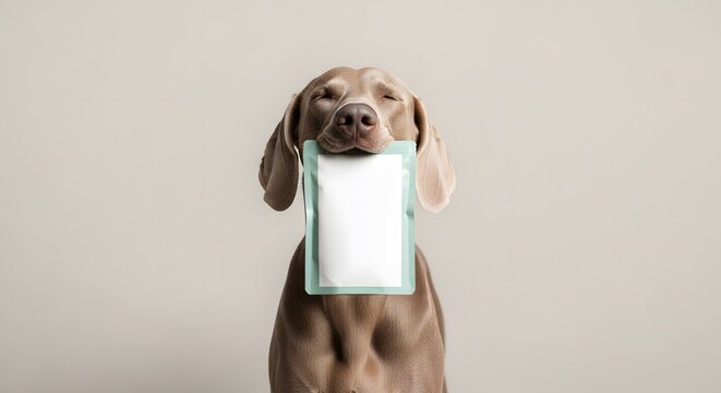 Cute Weimaraner Dog Holding Blank Pouch with Eyes Closed for Product Mockup, Pet Food Packaging Concept with Funny Happy Canine