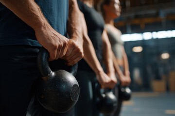 Close up of hands gripping kettlebells, showcasing strength and determination in fitness environment. focus on kettlebells highlights intensity of workout