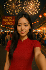 Beautiful Asian woman taking selfie in the middle of Chinese New Year celebration 2026