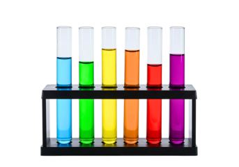  colorful liquids in test tubes arranged in a rack isolated on transparent background