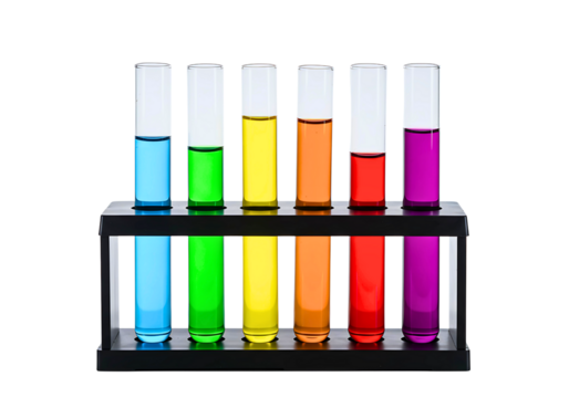  colorful liquids in test tubes arranged in a rack isolated on transparent background