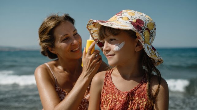 Mother applies sun cream to her child face while enjoying sunny day at beach. child wears colorful hat and smiles, showcasing joyful moment of care and protection
