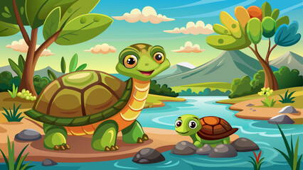 Naklejka premium Cartoon turtle with baby by a river in a vibrant mountain landscape with trees, rocks and clouds