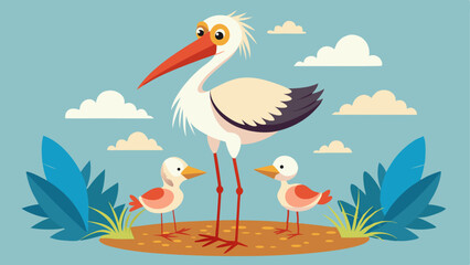 Fototapeta premium Cartoon stork with fluffy feathers and two chicks standing on ground with plants and clouds in background