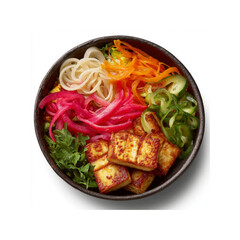 Delicious Pan-Seared Tofu Buddha Bowl with Colorful Vegetables and Rice Noodles