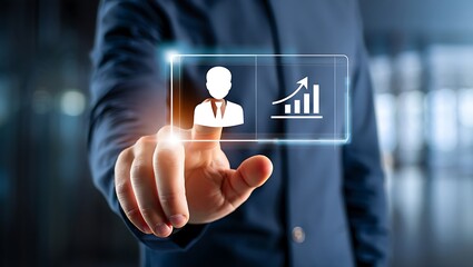 Businessman's finger touches a digital screen illustrating professional growth and career advancement in a modern tech setting.
