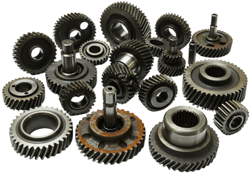 Collection of various metal gears and shafts isolated on transparent background - Powered by Adobe