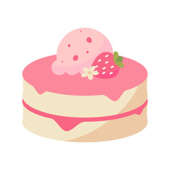 Strawberry topped pancake stack on white background.