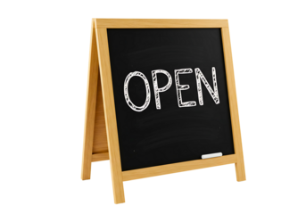 Wooden a frame chalkboard sign with the word open written in chalk isolated on transparent background