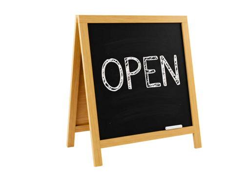 Wooden a frame chalkboard sign with the word open written in chalk isolated on transparent background - Powered by Adobe