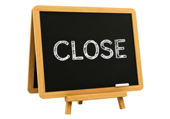 Chalkboard with the word close written in white chalk isolated on transparent background