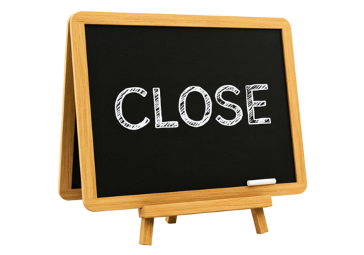 Chalkboard with the word close written in white chalk isolated on transparent background